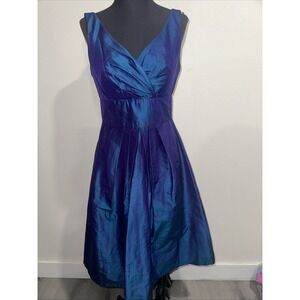 Suze Chin‎ for Maggy Boutique Iridescent Blue Dupioni Silk V-Neck Dress Sz 4